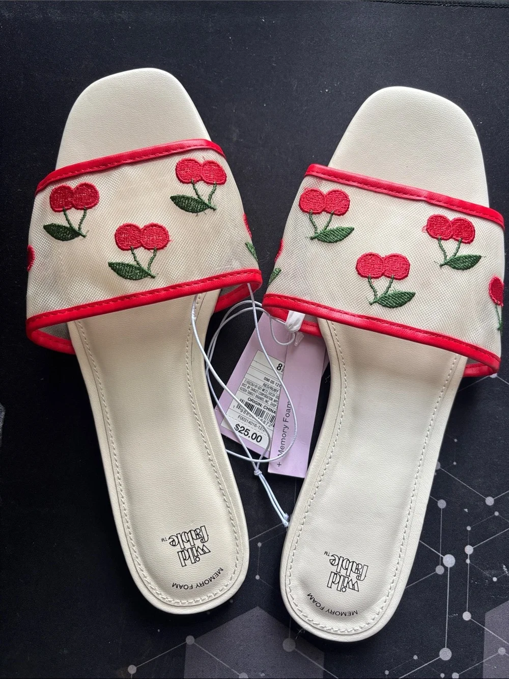 wild fable Cream Slide Sandals with Red Cherry Embroidery